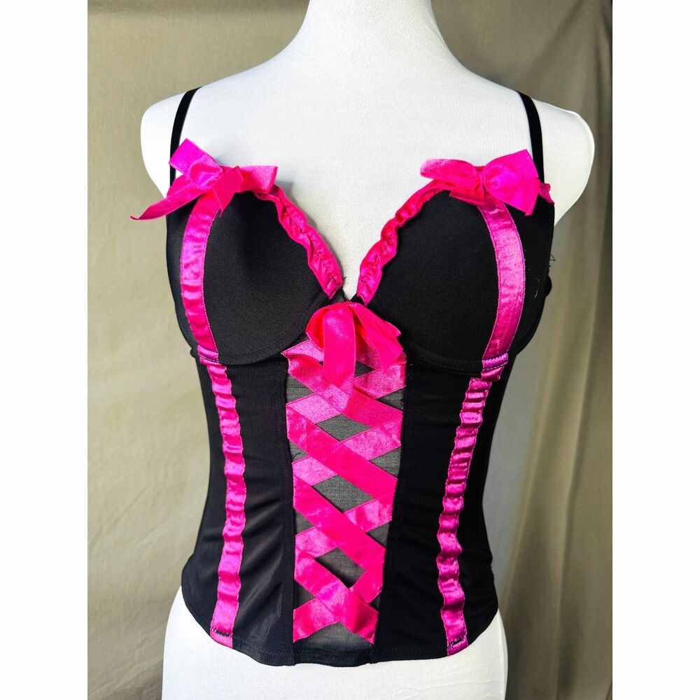 RARE Y2k 2000 Morbid Threads Black pink Corset Whimsigoth Coquette gyaru Top 34b